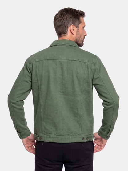 Back view of the army green trucker jacket