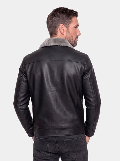 Back view of brown jacket with shearling collar