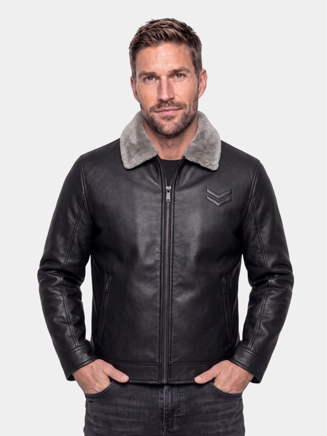 Cross & Crown man wearing brown jacket with shearling collar