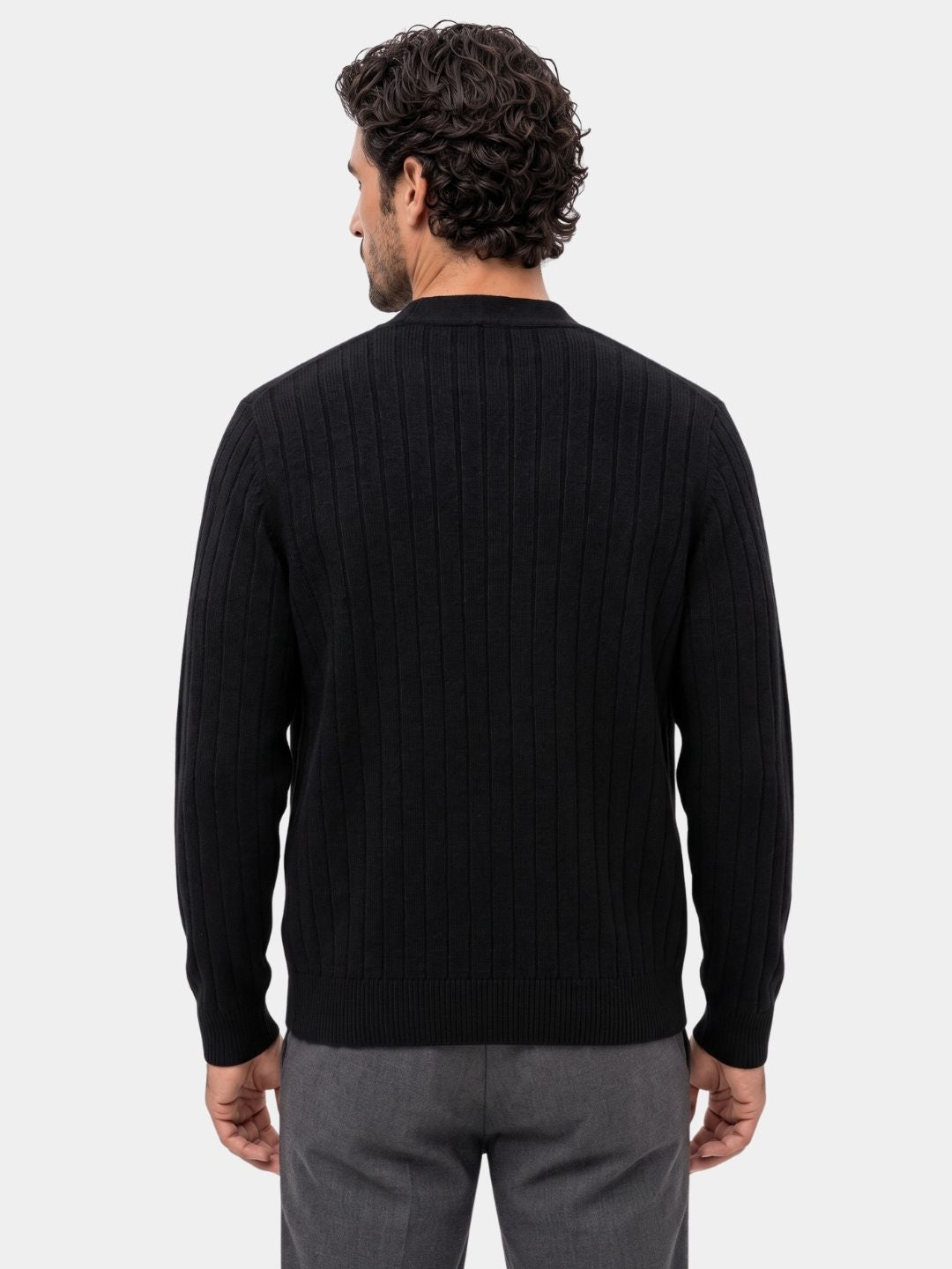 Back view of the black ribbed knit cardigan