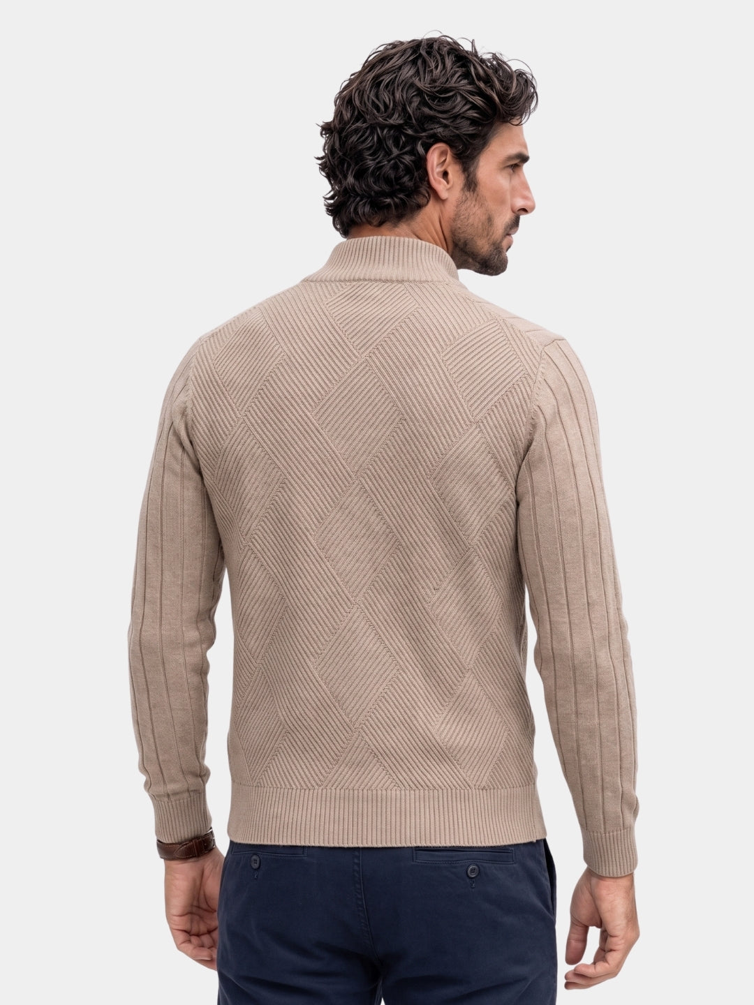 Cardigã de tricô jacquard de cor lisa com zíper - Cross & Crown