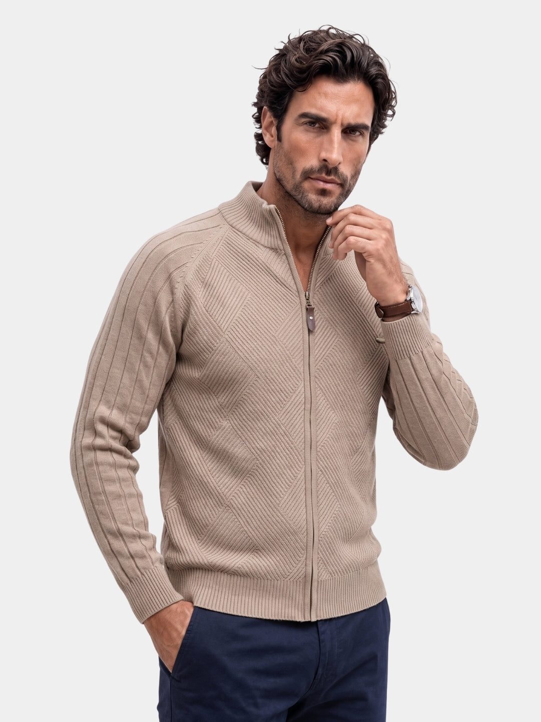 Cardigã de tricô jacquard de cor lisa com zíper - Cross & Crown
