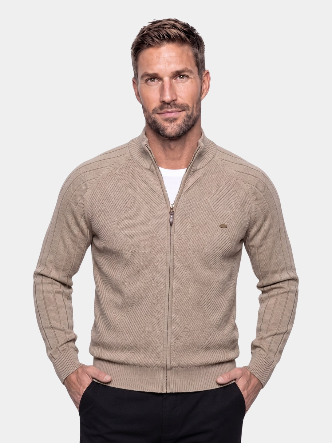 Man wearing a khaki jacquard knit zip cardigan, Cross & Crown