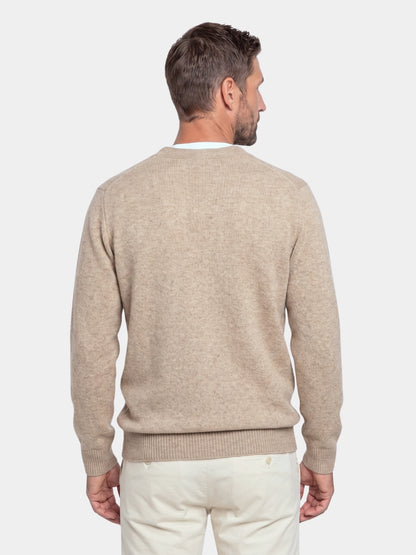 Back view of the camel toggle-button merino cashmere sweater