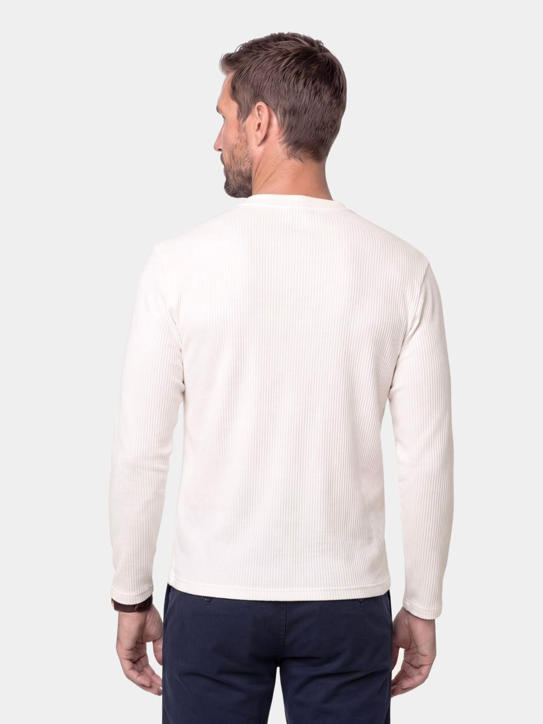 Back view of the white ribbed henley shirt