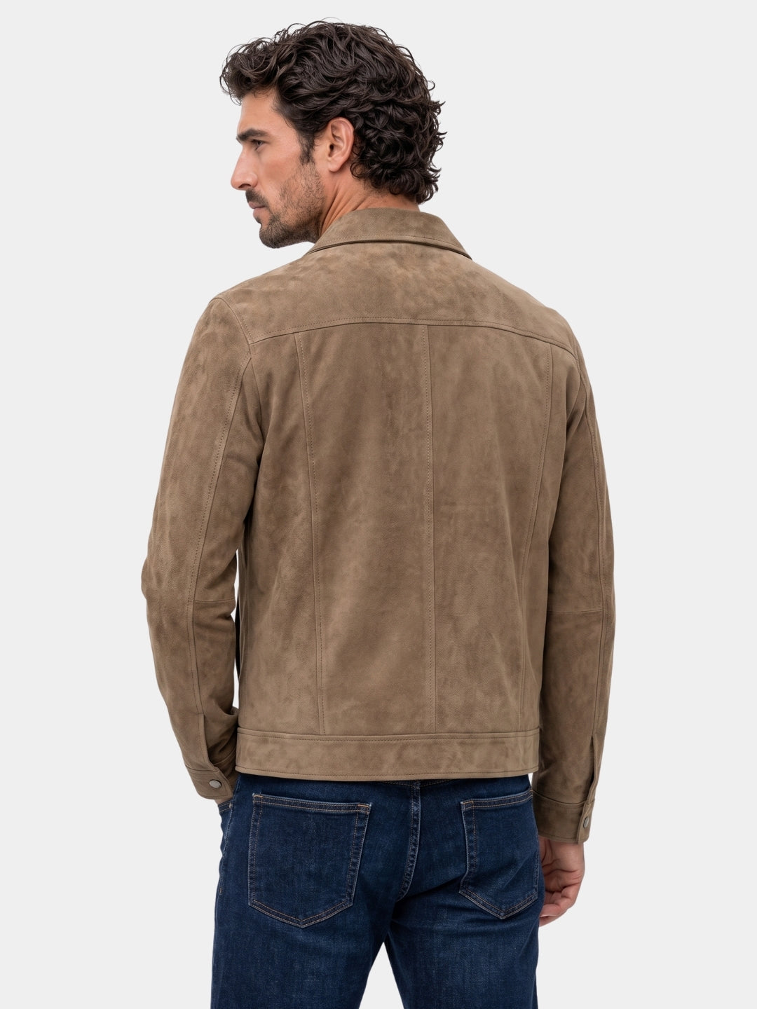 Back view of tan matte-finish trucker jacket