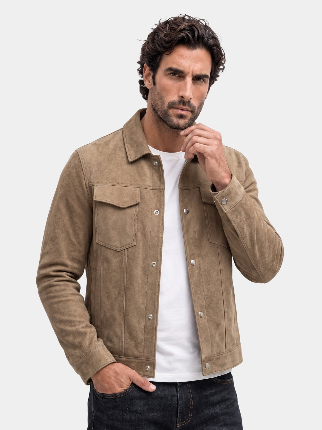 Cross & Crown man wearing tan matte-finish trucker jacket