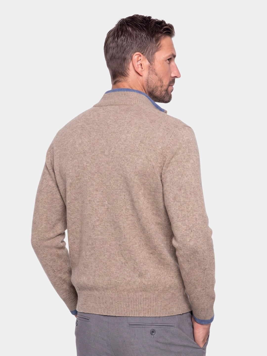 Back view of the khaki zip-front cashmere jacket