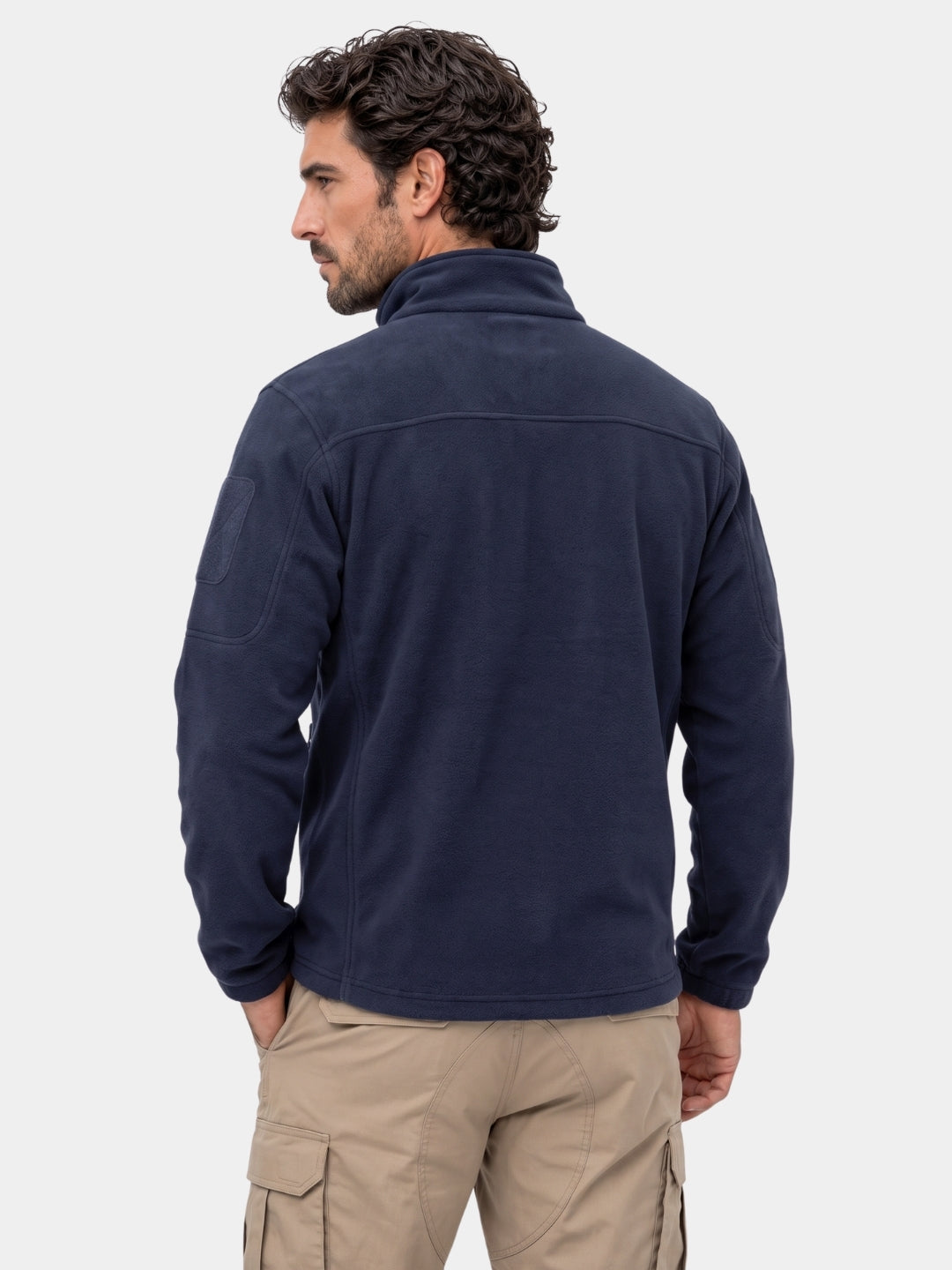 Back view of the navy utility jacket