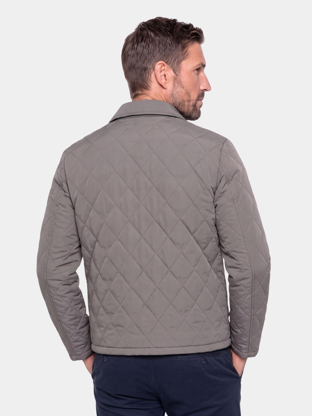 Back view of the gray quilted chore jacket