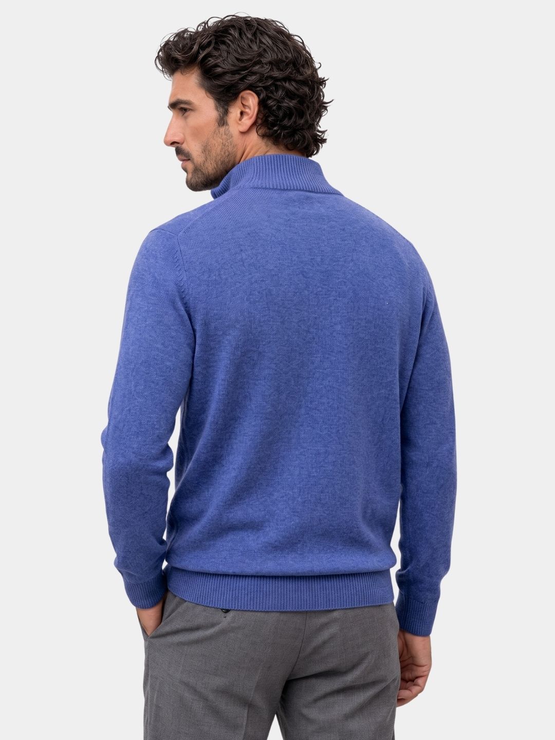 Back view of the blue merino wool half zip sweater