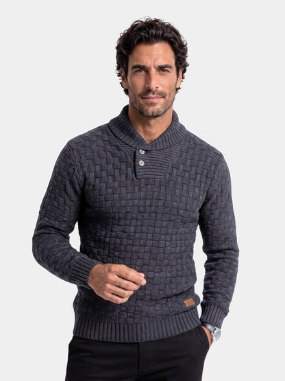 Back view of the charcoal shawl collar basketweave knit pullover