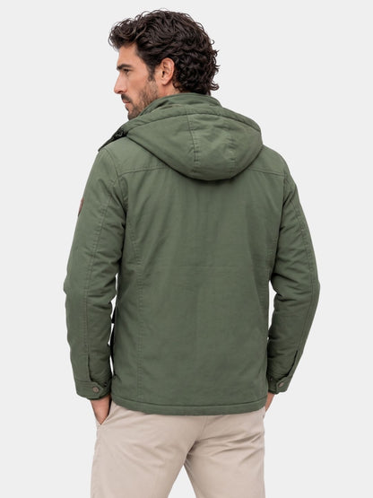 Back view of the army green hooded quilted jacket