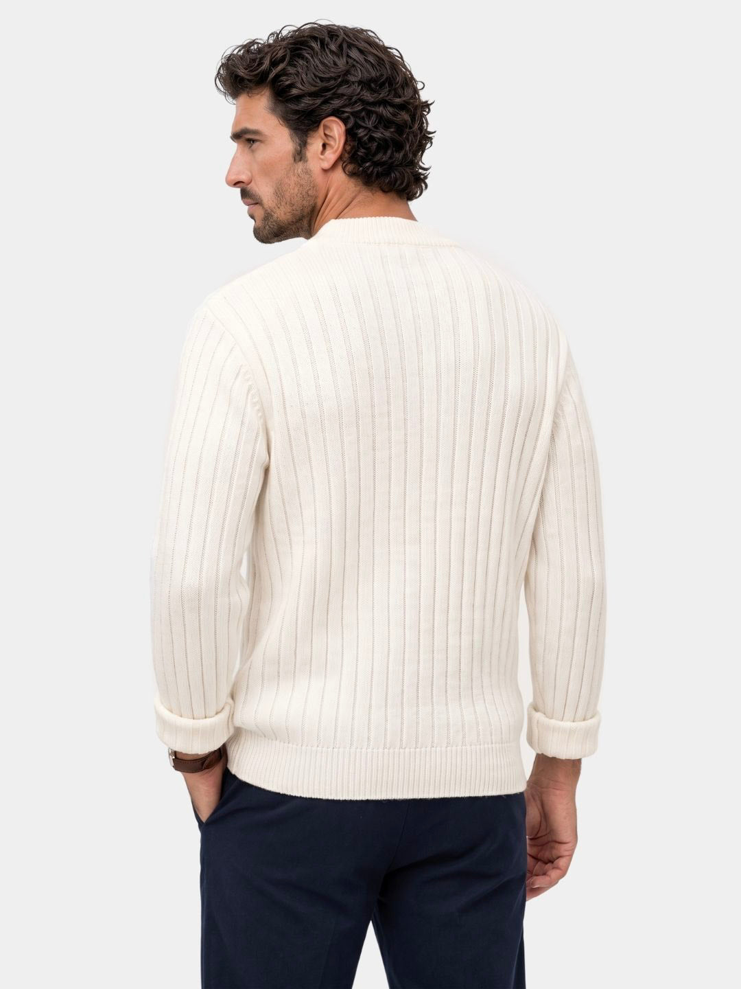 Back view of the ivory diamond-textured crew neck sweater