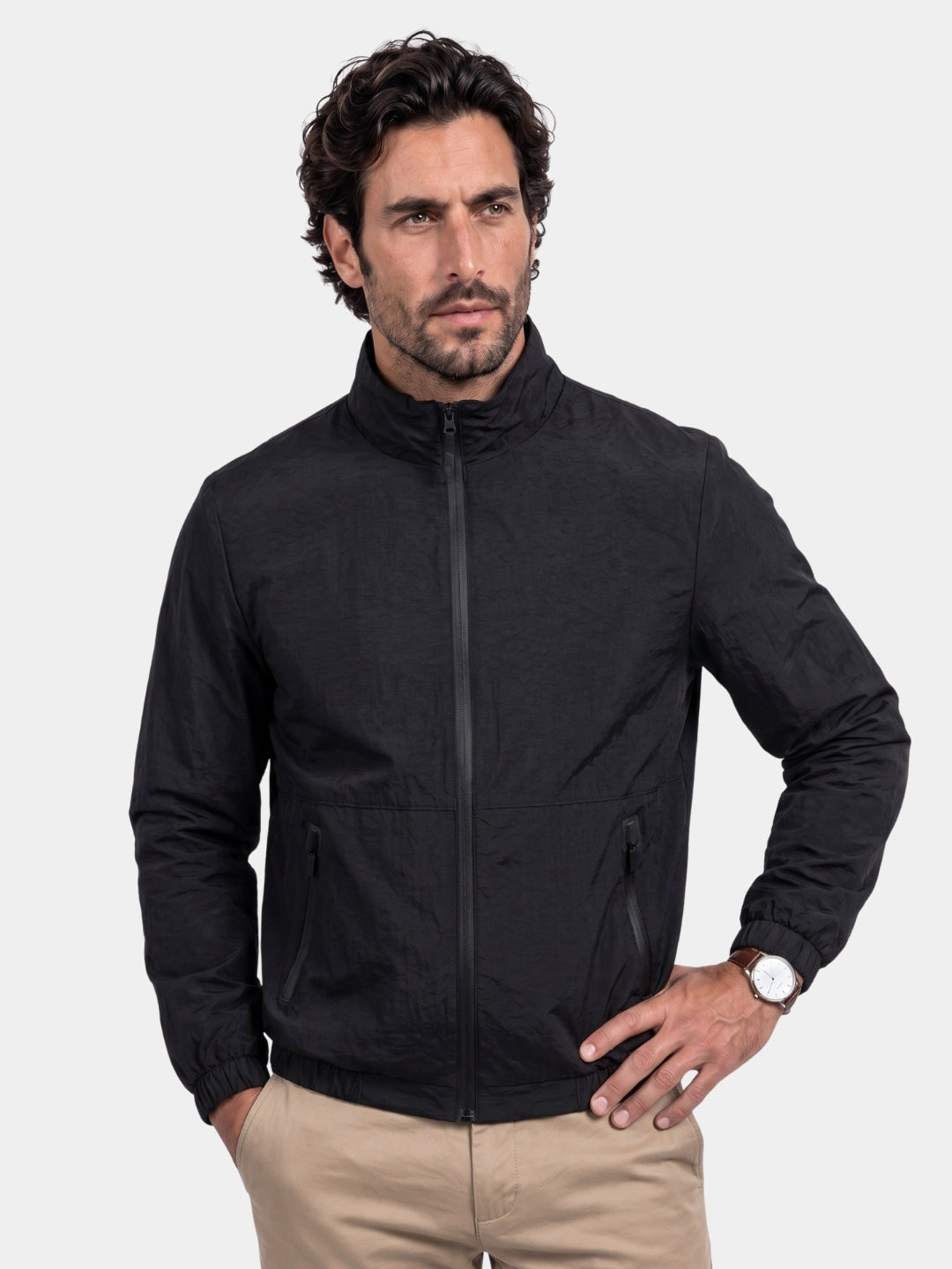 Man wearing the black lightweight zip jacket