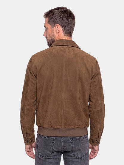 Back view of the brown zip-front suede jacket.