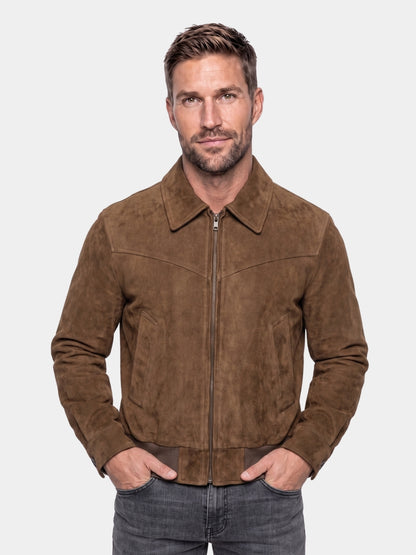 Cross & Crown zip-front suede jacket in brown on a model.