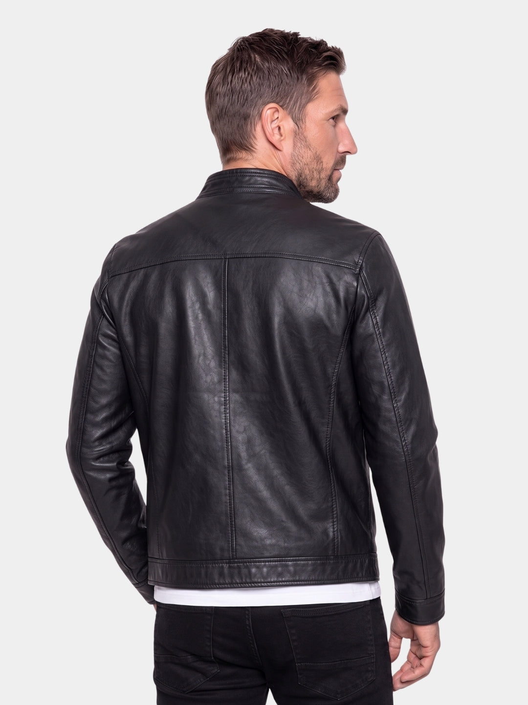Back view of black leather moto jacket