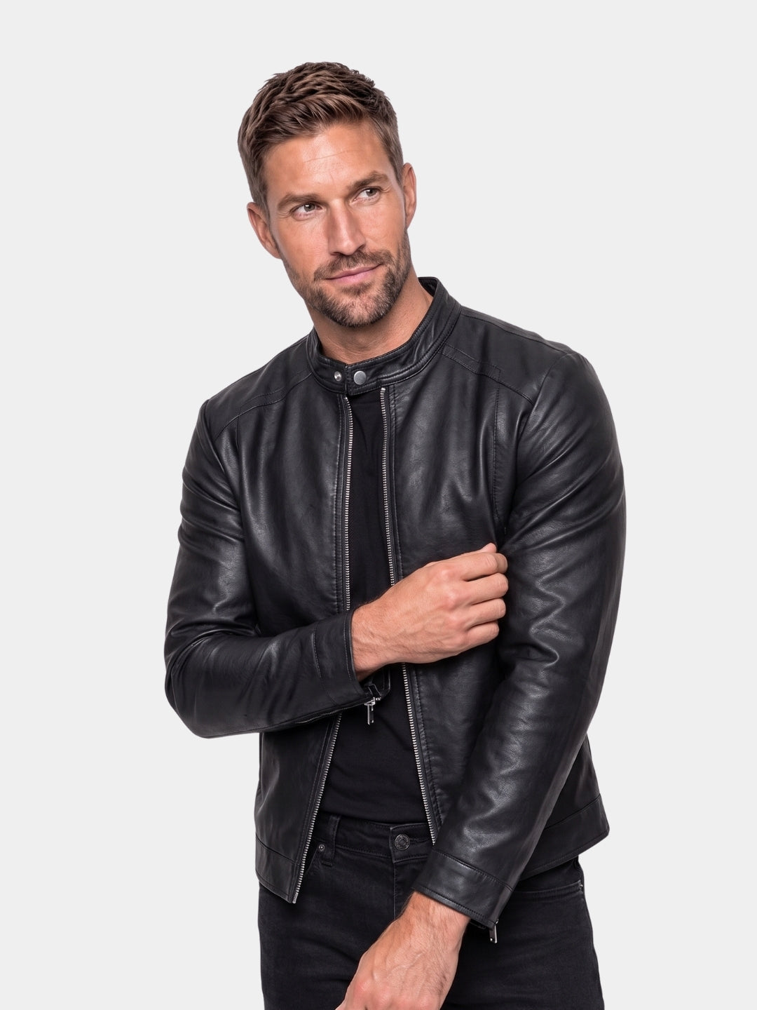 Cross & Crown man wearing black leather moto jacket