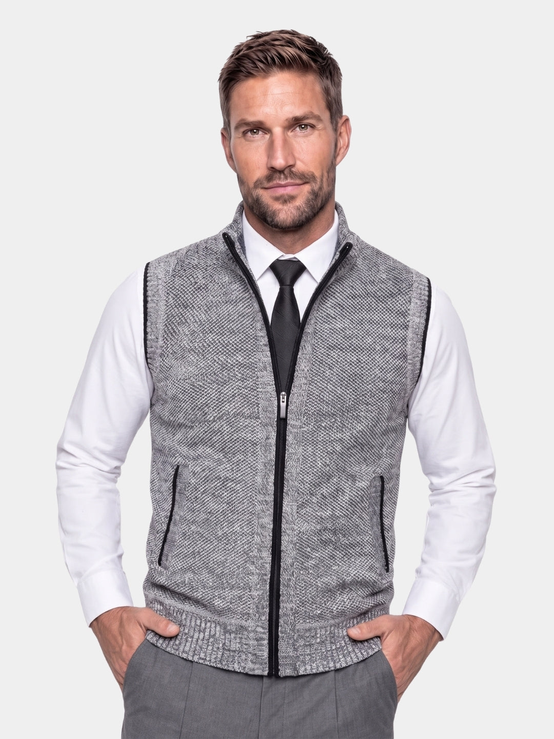 Colete de suéter elegante com zíper completo - Cross & Crown