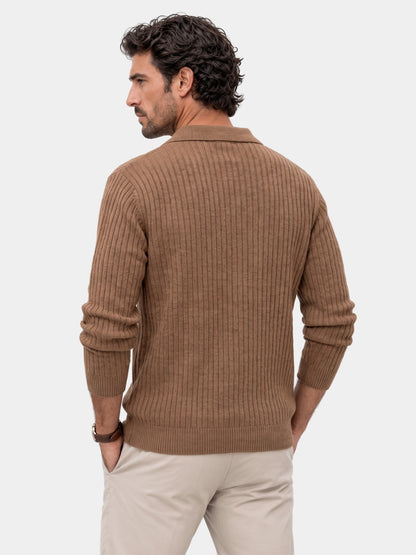 Back view of the brown ribbed V-neck polo pullover sweater