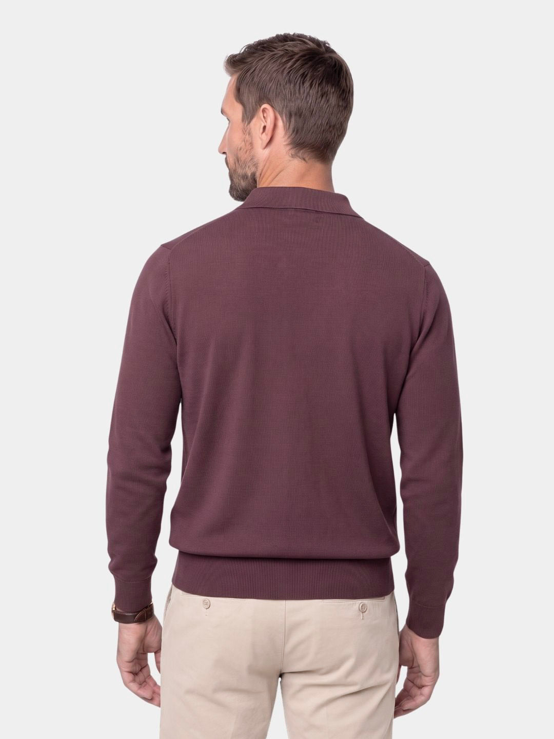 Back view of the wine colored knit polo pullover