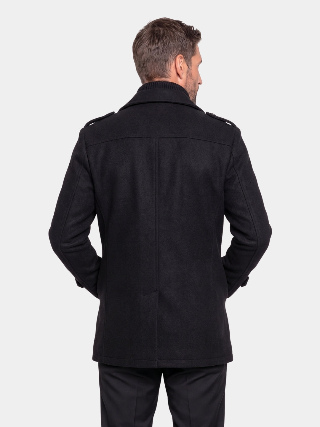 Back view of the black layered two-piece coat