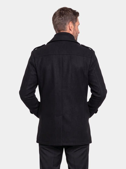 Back view of the black layered two-piece coat