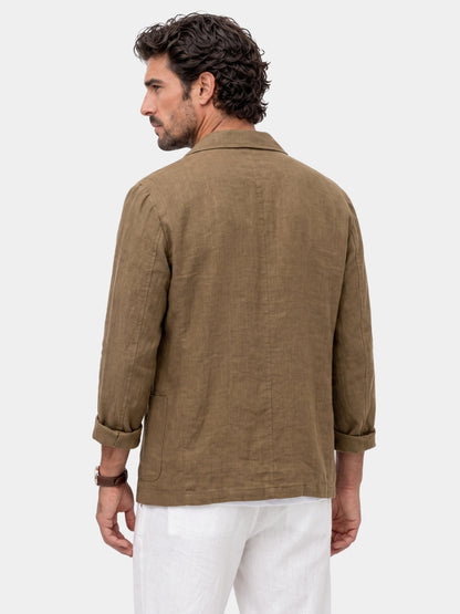 Back view of the man wearing the coffee-brown linen blazer