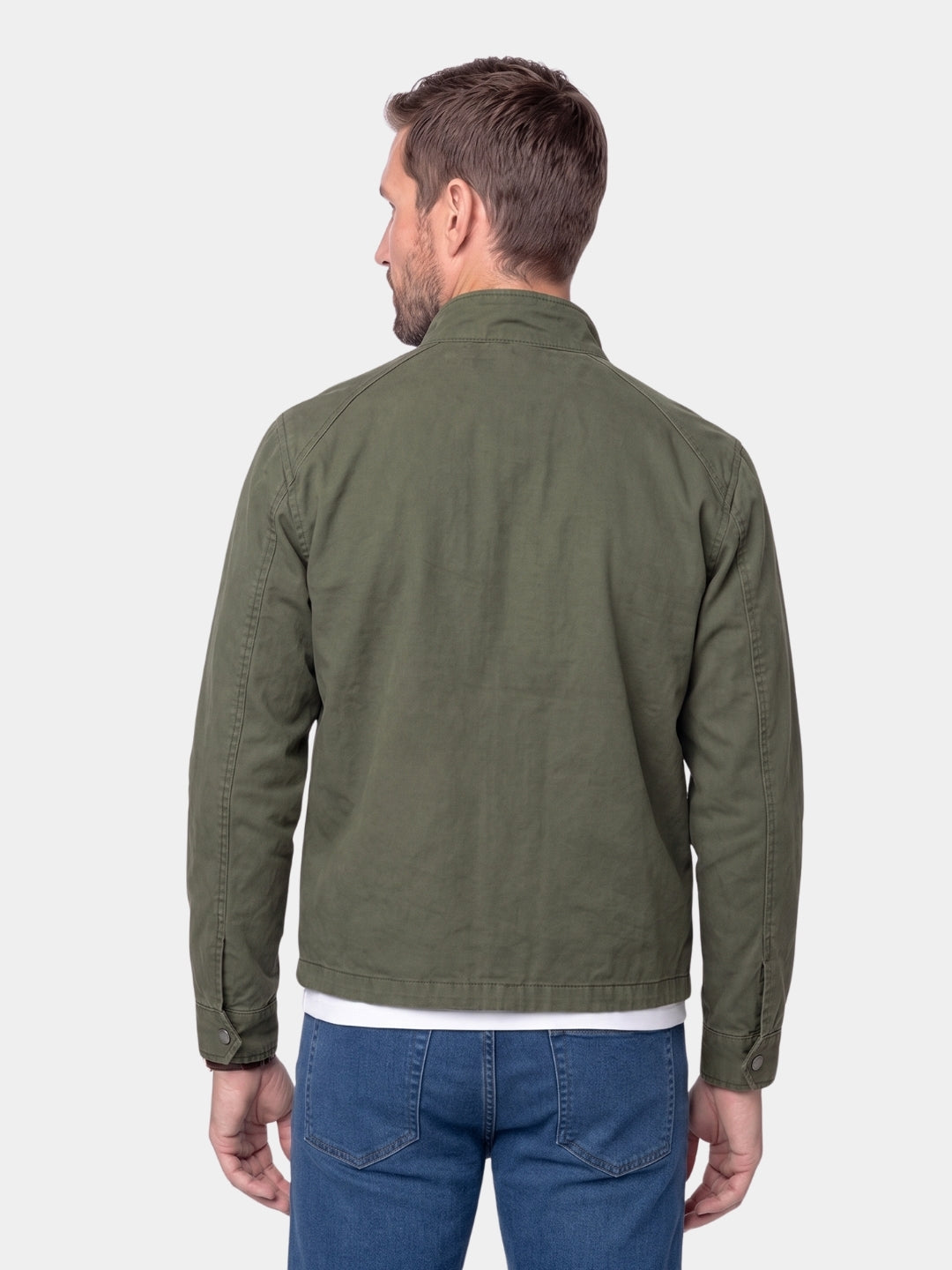 Back view of the army green grid-textured field jacket