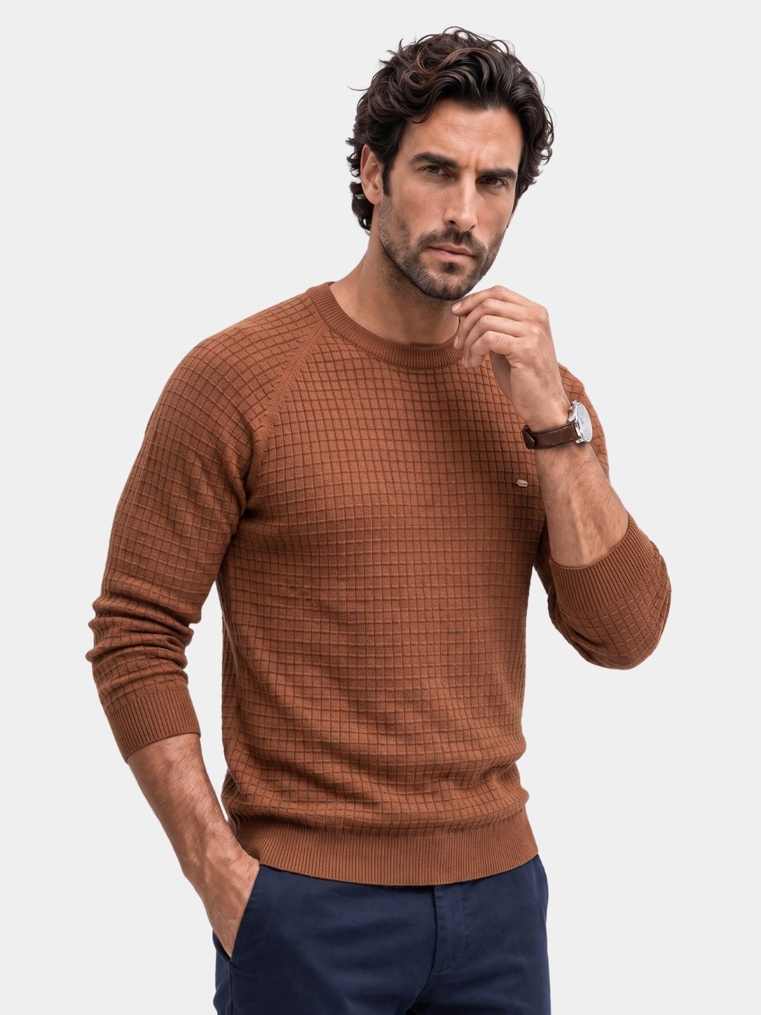 Man wearing the rust brown waffle-knit crew neck sweater