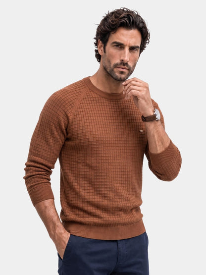 Man wearing the rust brown waffle-knit crew neck sweater