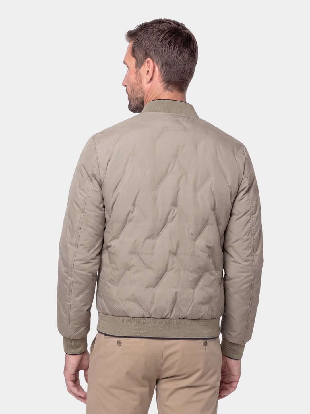 Back view of the khaki quilted bomber jacket showing the diamond quilting