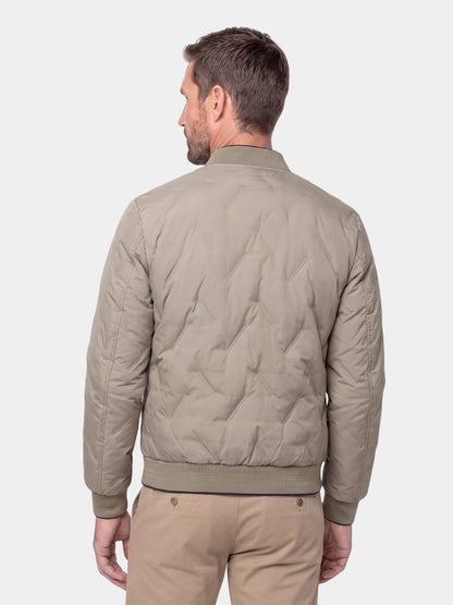 Back view of the khaki quilted bomber jacket showing the diamond quilting