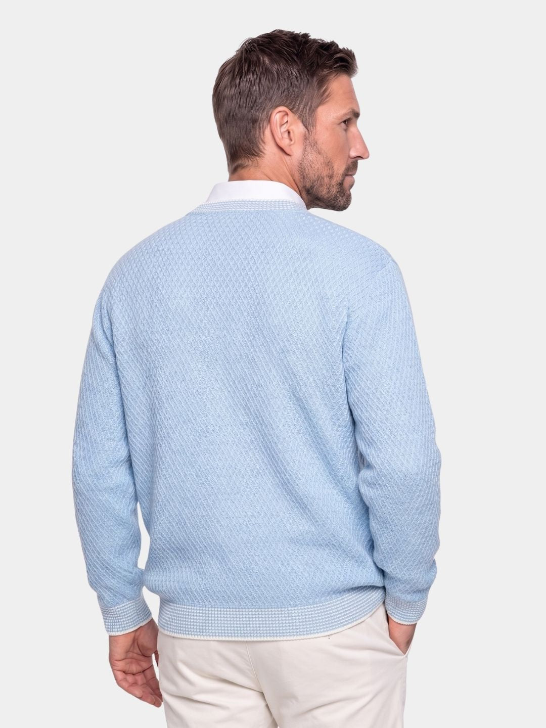 Back view of the light blue textured cashmere crew neck sweater