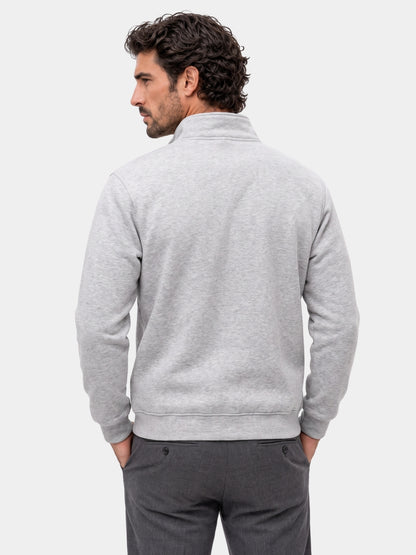 Back view of the light gray quarter-zip knit pullover