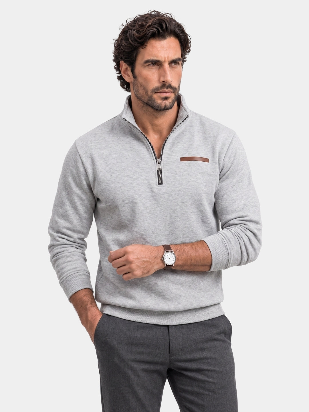 Cross & Crown man wearing a light gray quarter-zip knit pullover