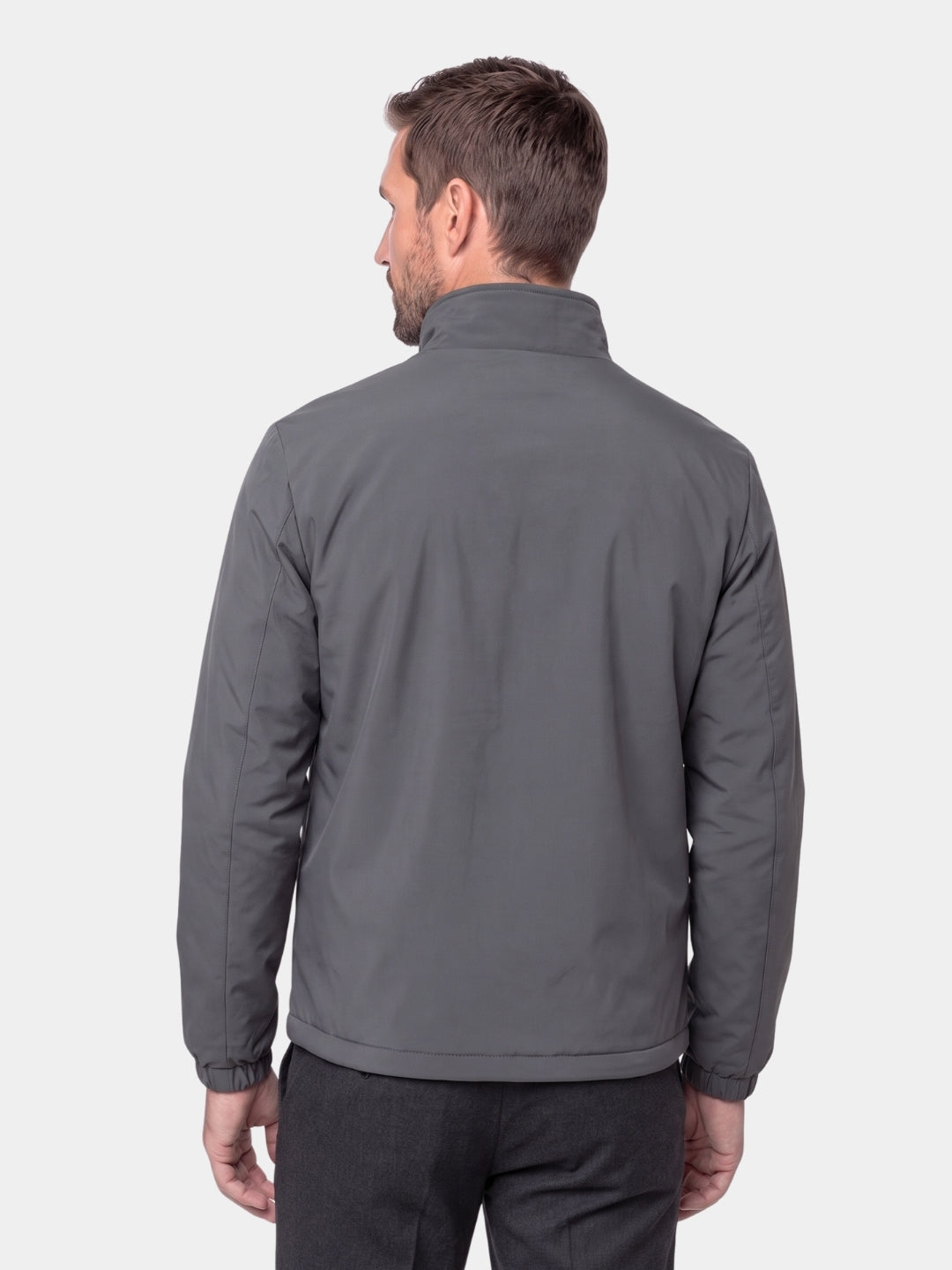 Back view of the gray slim fit zip jacket
