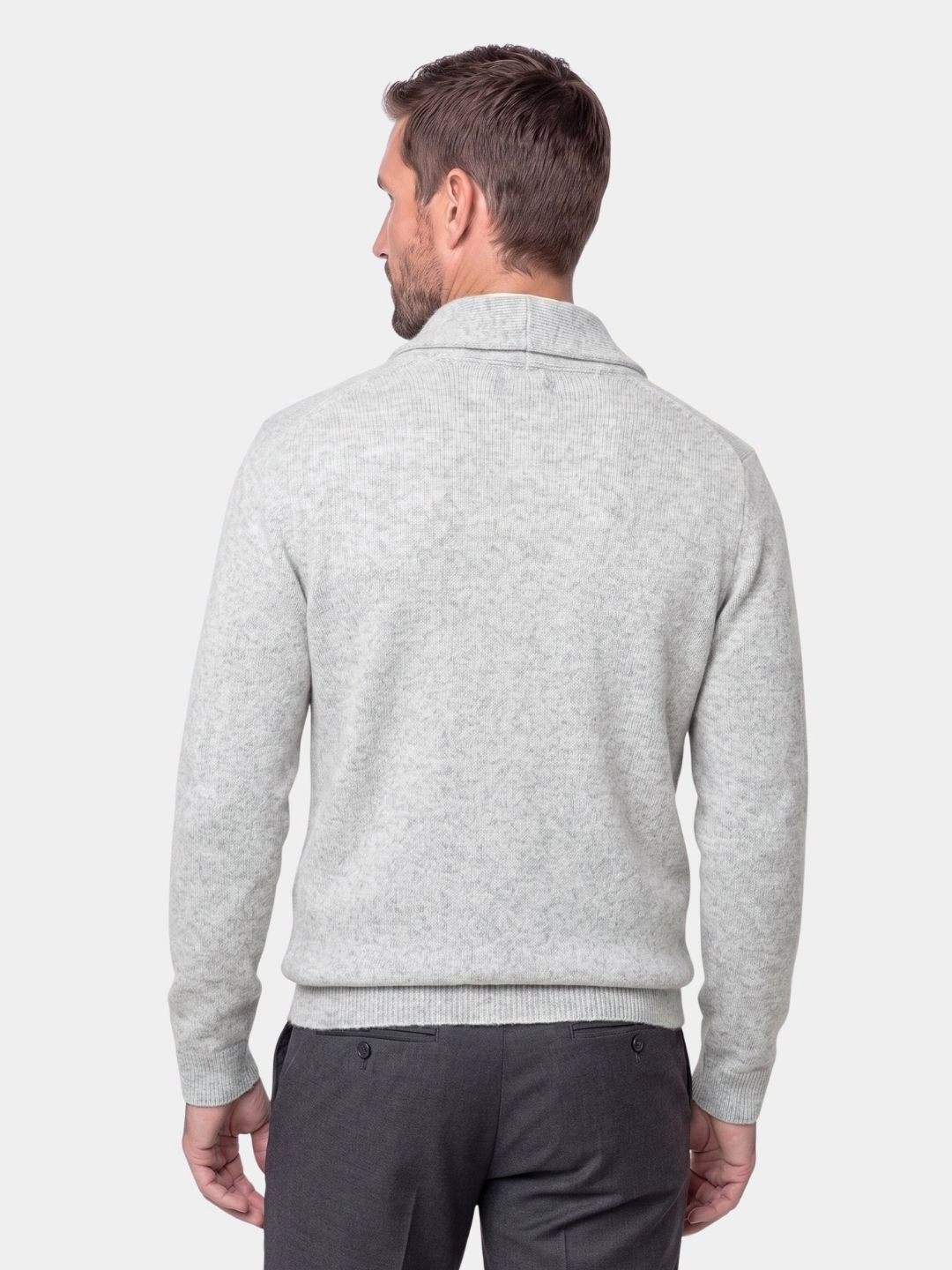 Back view of the gray shawl collar cashmere sweater, close up