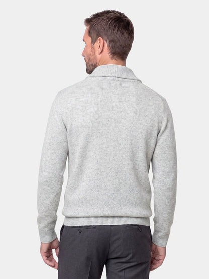 Back view of the gray shawl collar cashmere sweater, close up