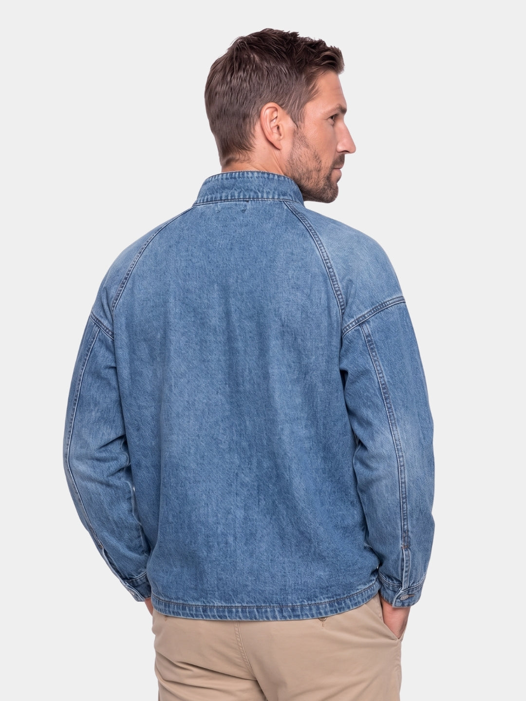 Back view of the stonewash denim quarter-zip pullover