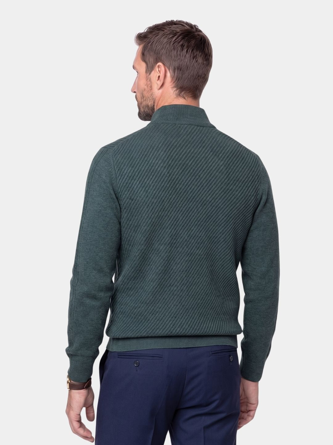 Back view of the dark green wool quarter-zip sweater