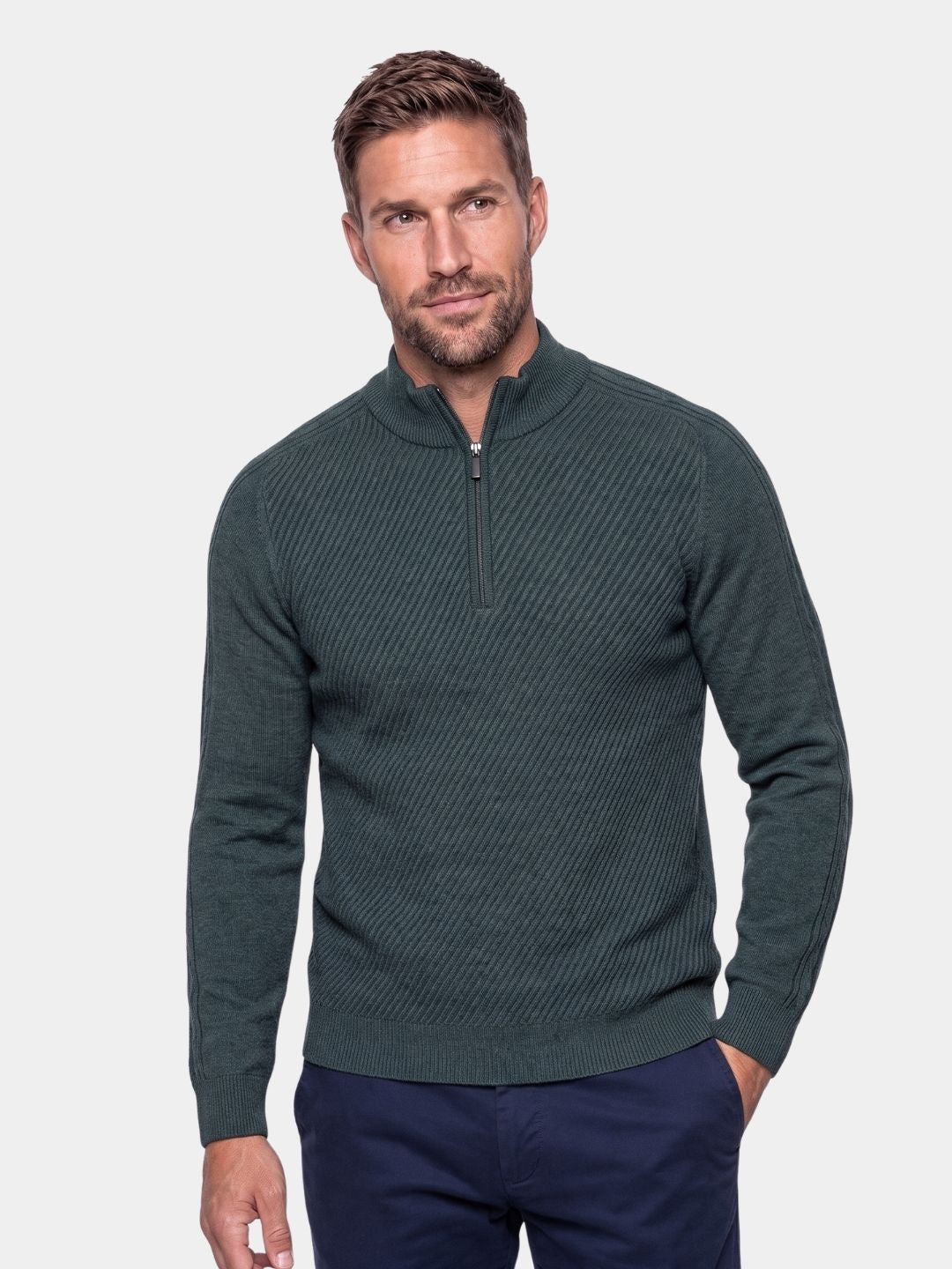 Man wearing dark green diagonal-rib wool quarter-zip sweater Cross & Crown