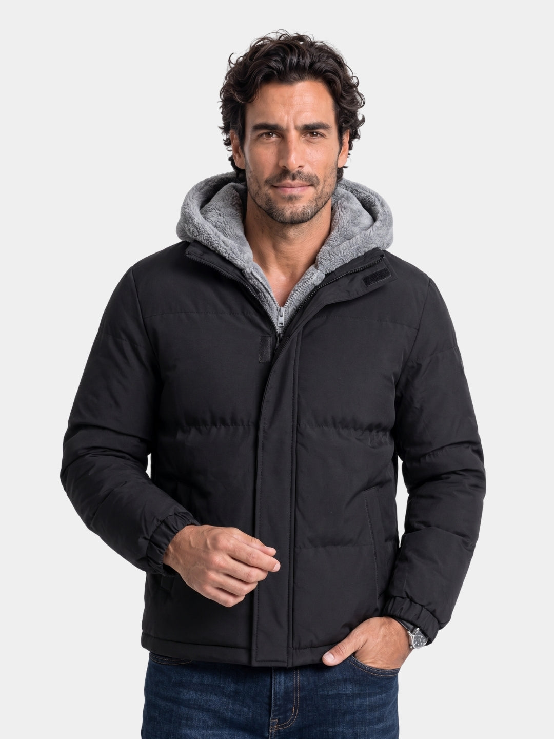 Man wearing black hooded puffer jacket Cross & Crown
