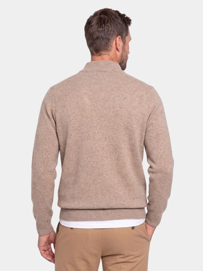 Back view of the tan button mock neck cashmere sweater