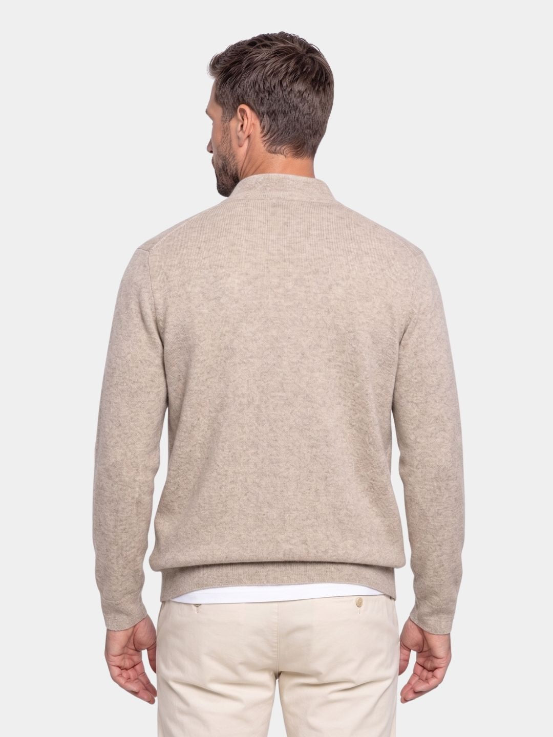 Back view of the beige cashmere mandarin collar cardigan