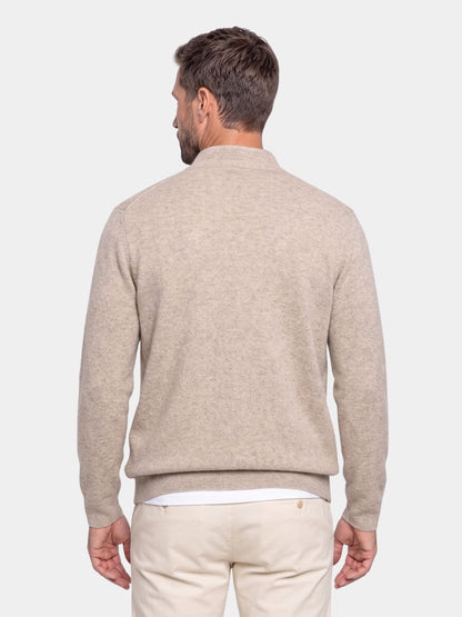 Back view of the beige cashmere mandarin collar cardigan