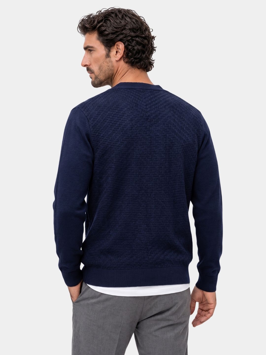 Back view of the navy textured knit V-neck cardigan