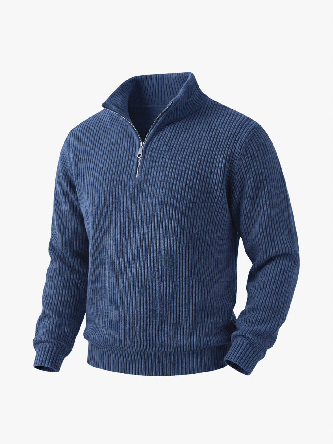 Flat lay of the navy ribbed wool sweater
