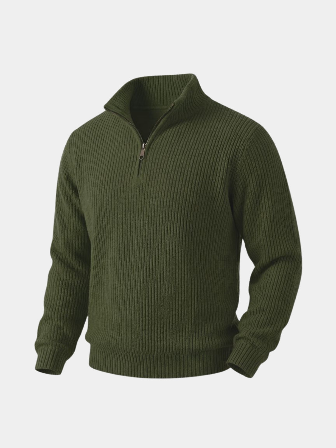 Flat lay of the olive green ribbed wool sweater